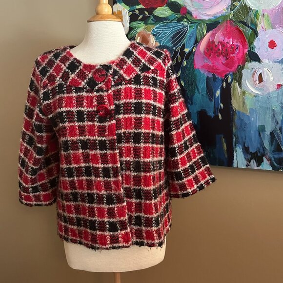 Christopher & Banks Red Plaid Textured Knit Jacket Women's Size Large - Picture 1 of 8